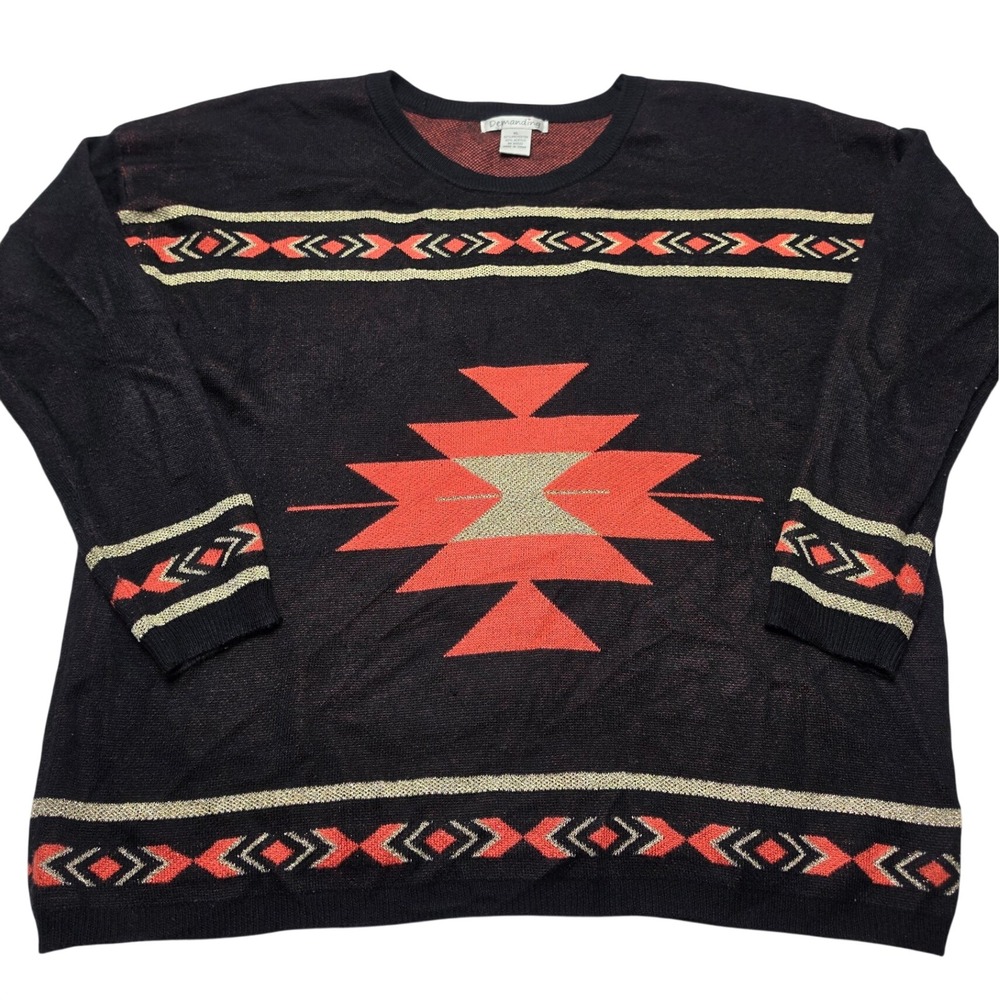 Demanding Womens XL Black Red Gold Metallic Southwestern Geometric Knit Sweater